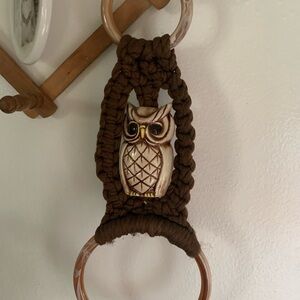 Vintage Handmade 70s Brown Macrame Owl Towel Holder